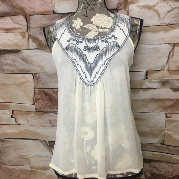 H.I.P. Embroidered Yoke Sheer Flowy Sleeveless Swing Tank Blouse Cream Gray - Picture 2 of 8